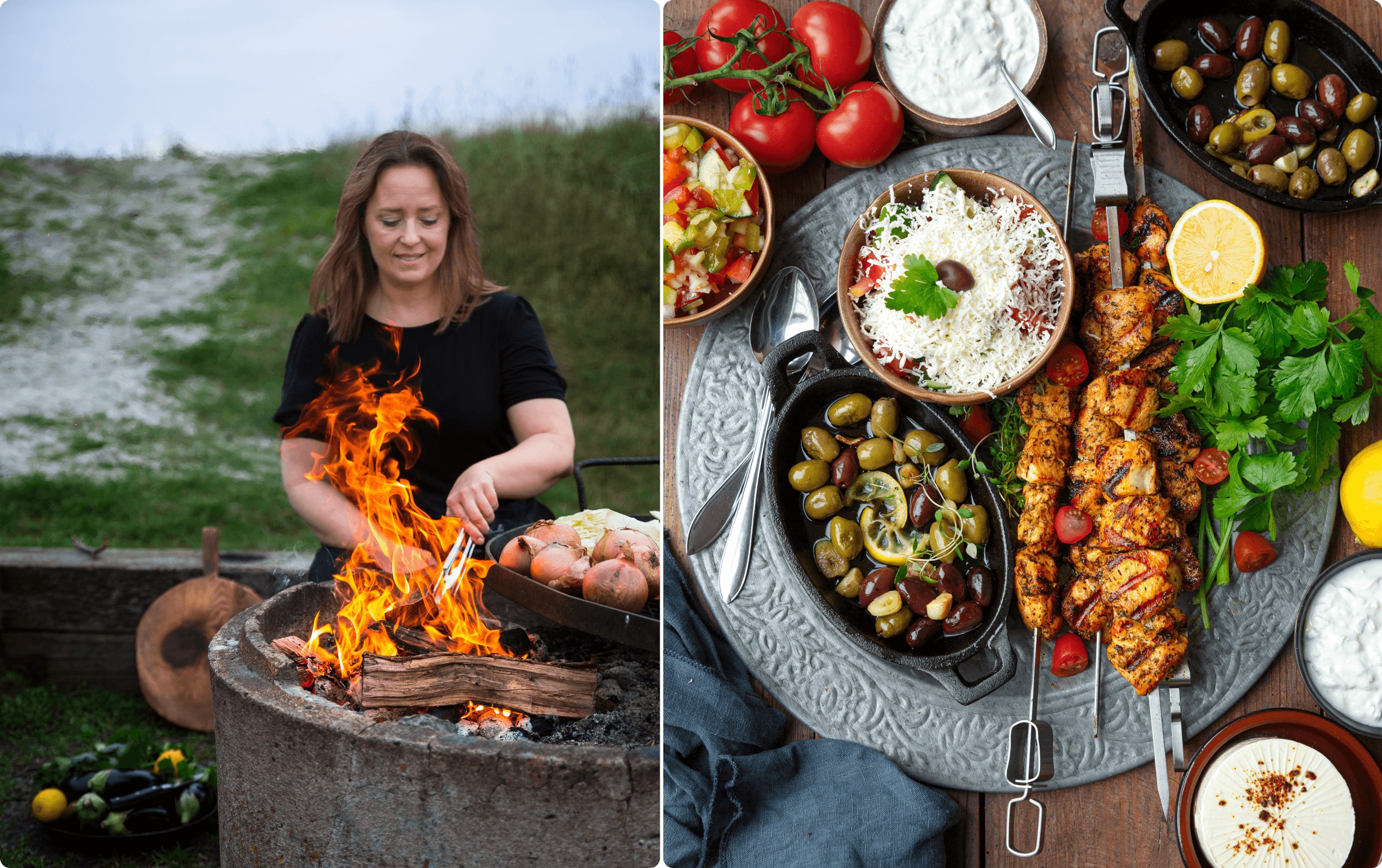 Diadonna grillar vid en stor eldlåga. Grillad kycklingspett med goda tillbehör. 