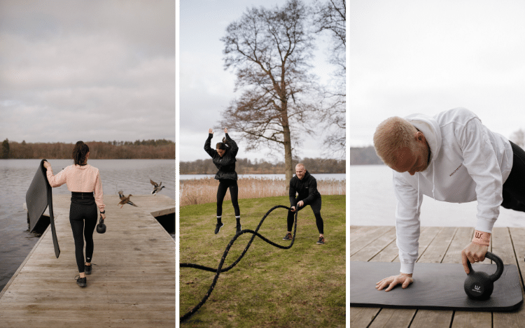 Fyra personer som tränar olika träningsformer.